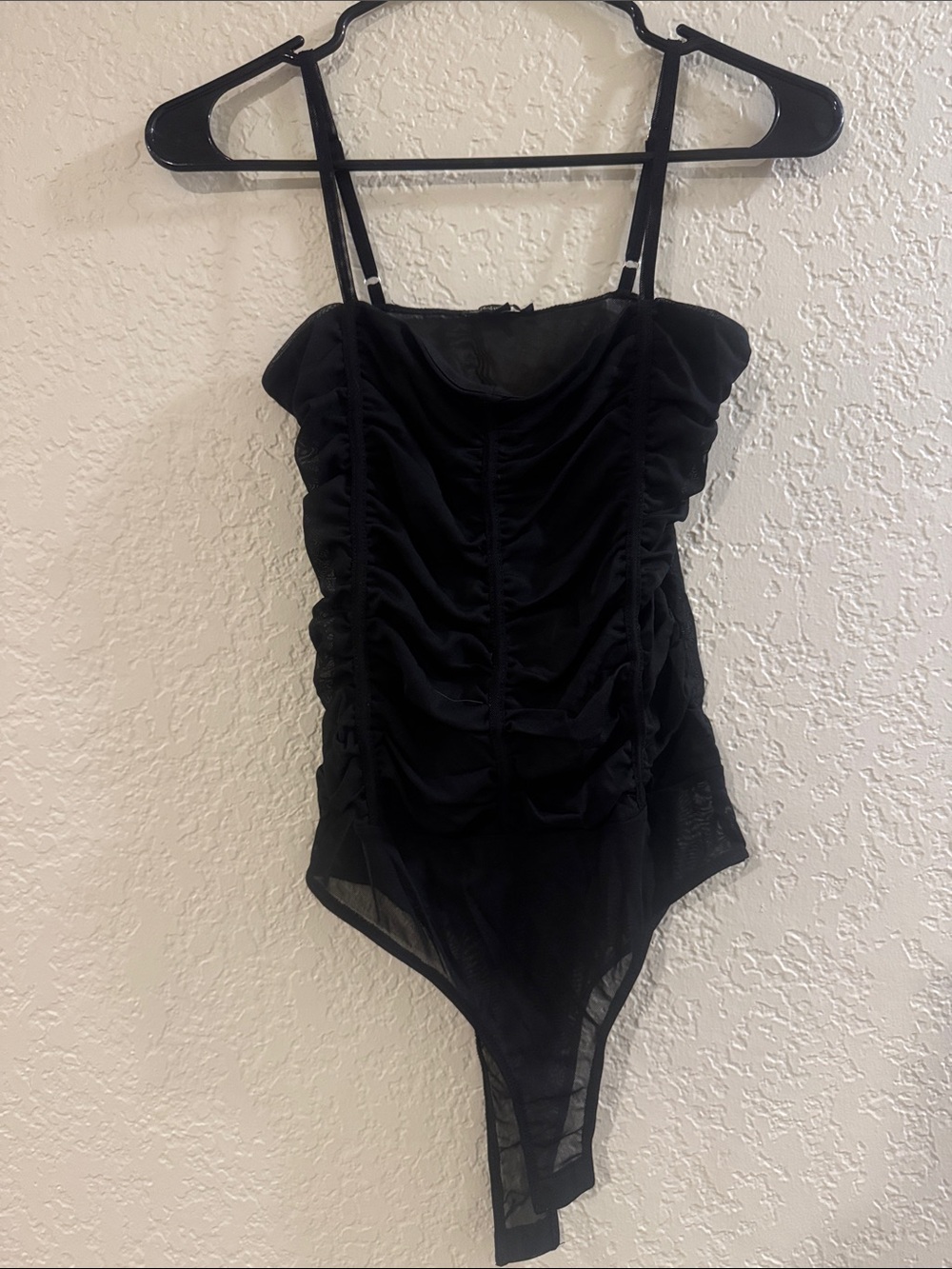 Shinestar Black Ruched Bodysuit with Adjustable Straps